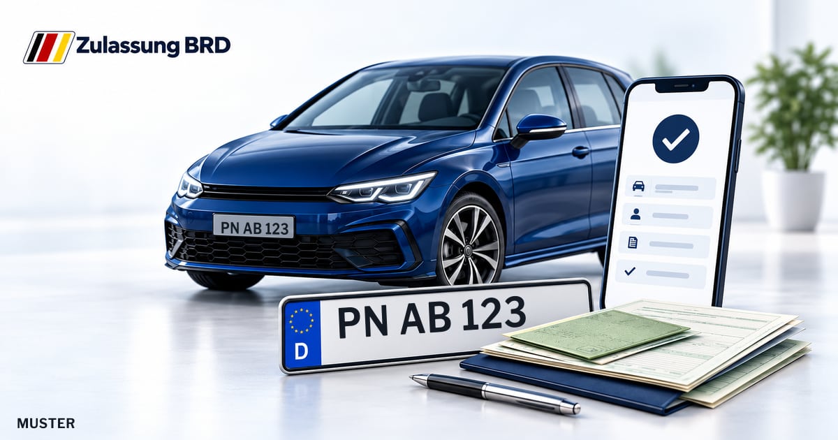 Online Fahrzeugzulassung in Schleiz: Musterkennzeichen PN AB 123, Auto und Fahrzeugpapiere und Smartphone. Illustration mit Logo von Zulassung BRD.